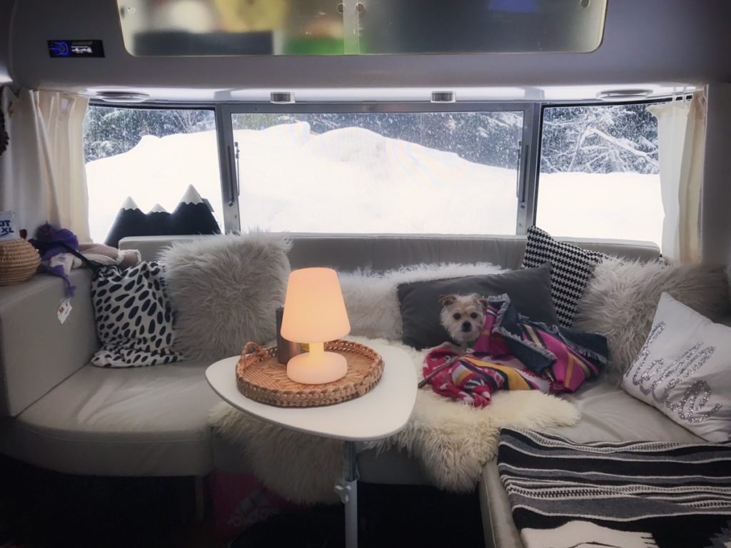 Airstream interior winter snow cozy with dog