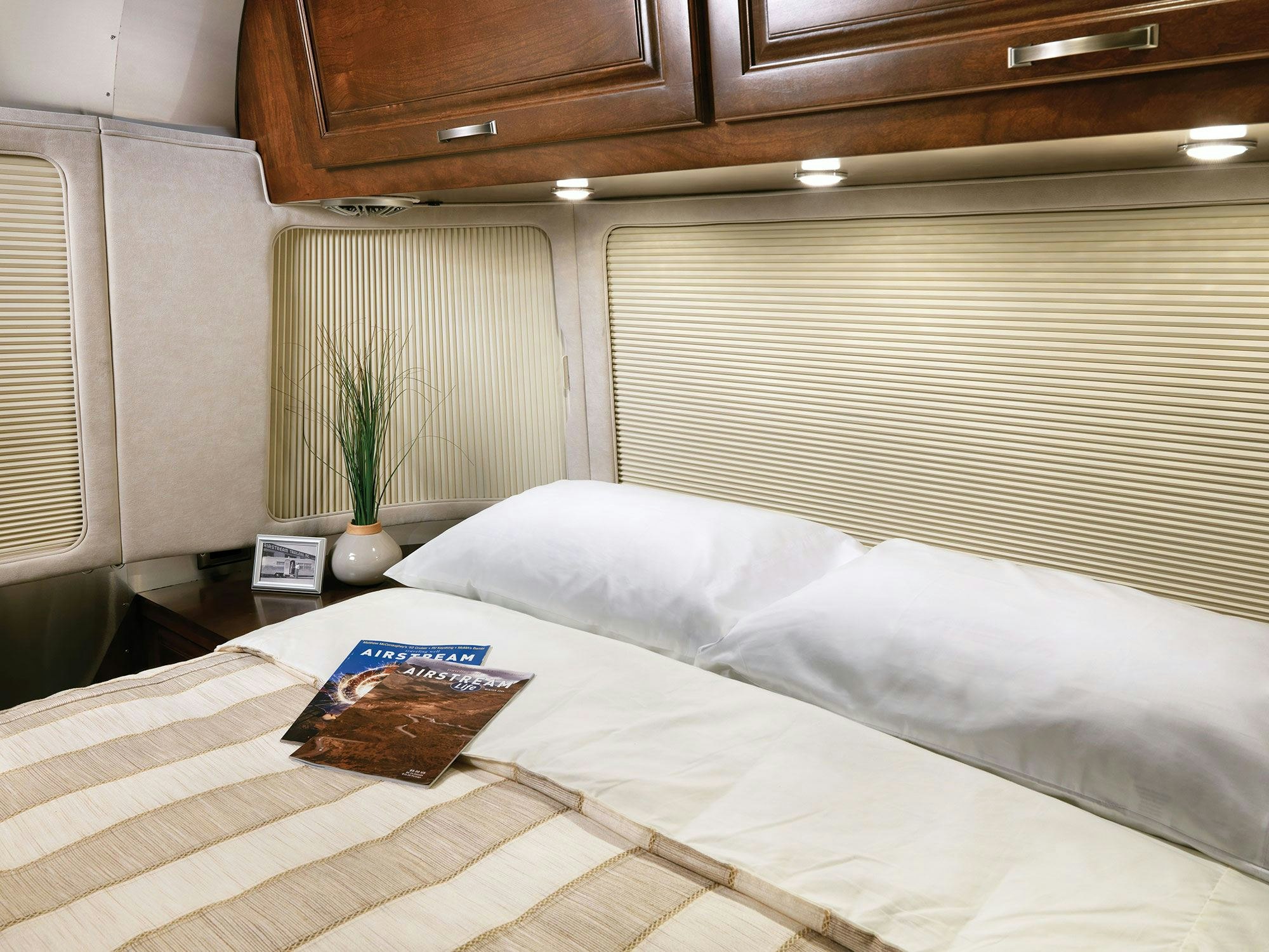 Interior of Airstream’s 33-foot Classic travel trailer. Airstream and Oceanair worked to design a window treatment solution for the travel trailer’s curving, panoramic windows.