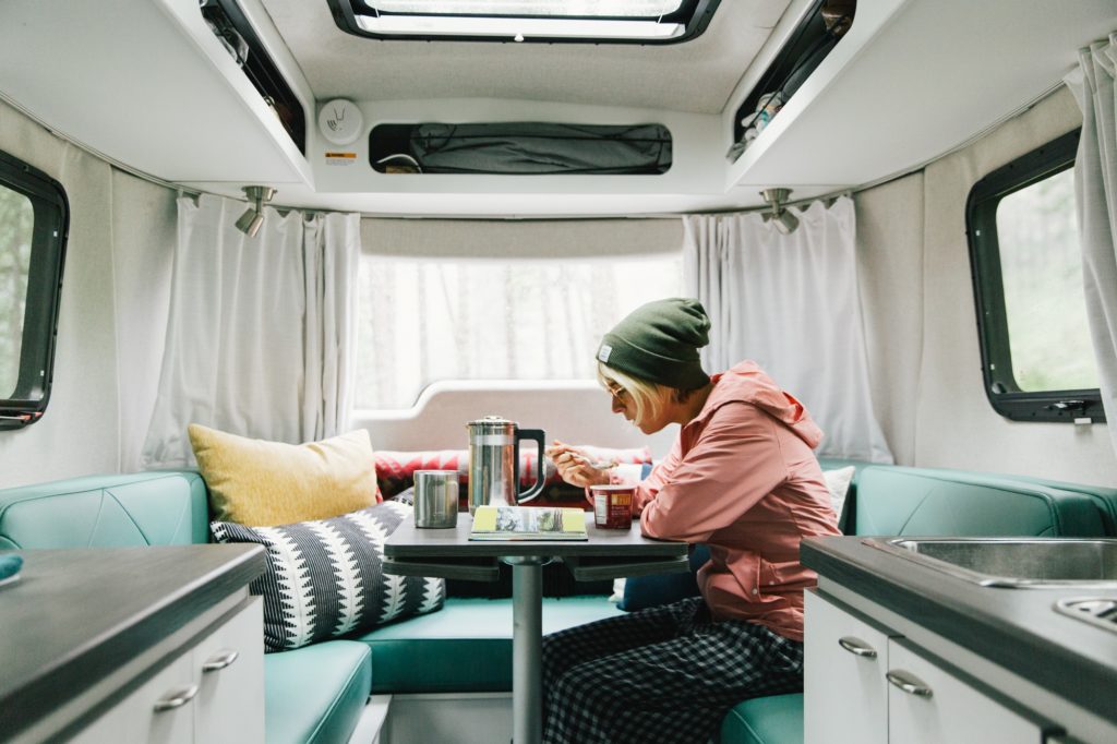 Airstream Nest dinette with windows and foot laura austin