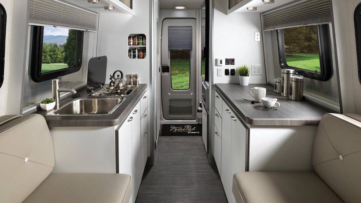 Airstream Travel Trailer white interior galley