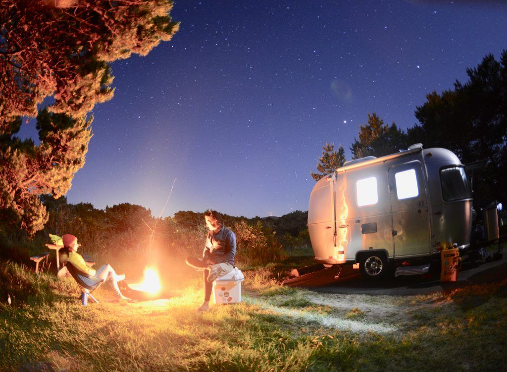 Airstream Bambi Sport Campfire Trees Night Sky Boondocking