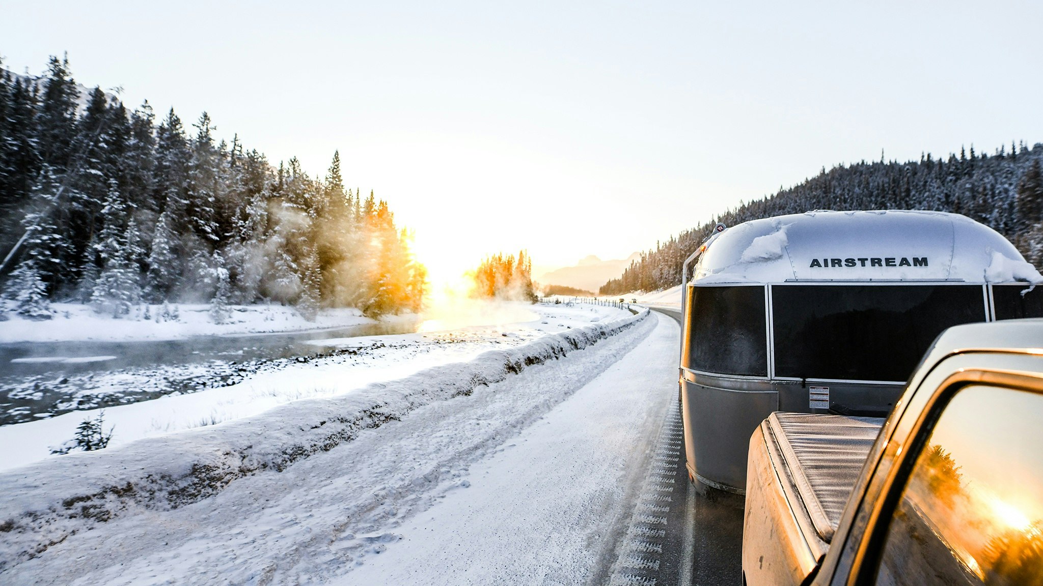 Airstream Travel Trailer Pickup Truck Winter Towing Snow