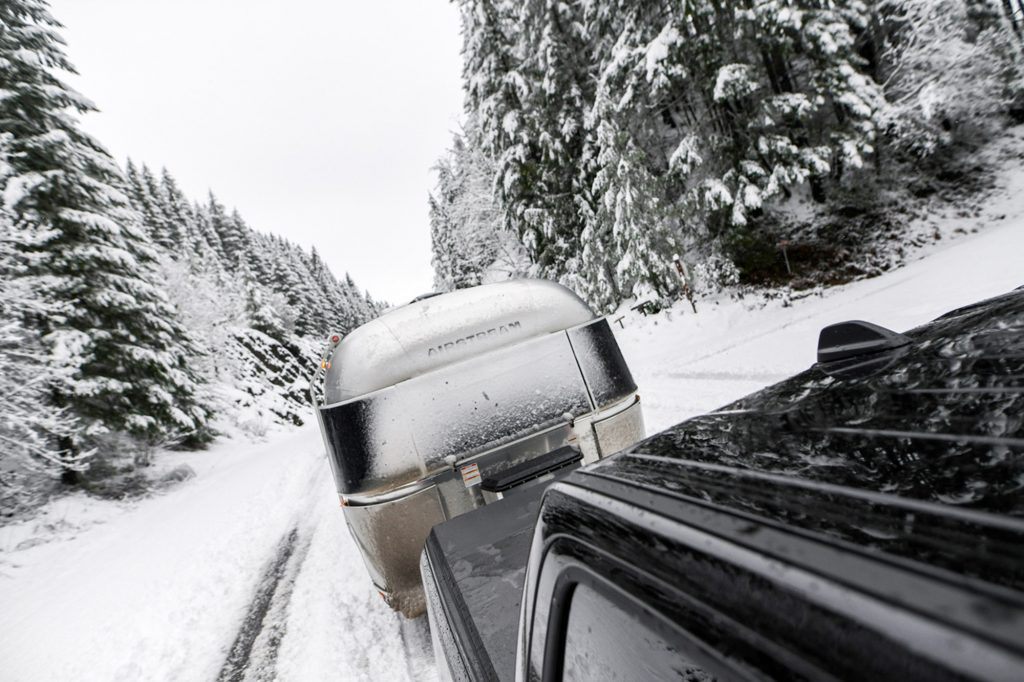 Towing Airstream Travel Trailer in Snow