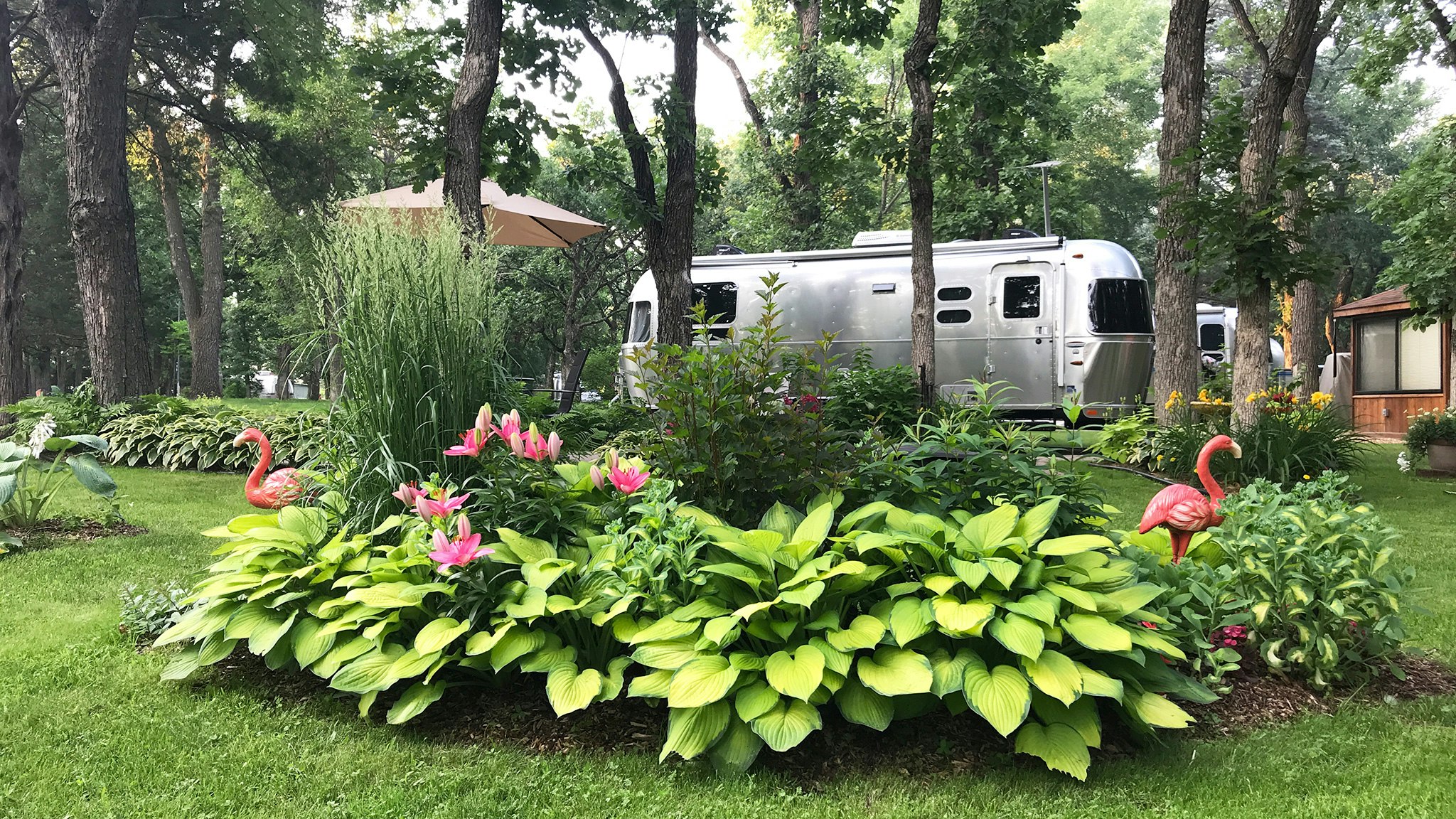 Airstream Travel Trailer in a garden with pink flamingo and trees