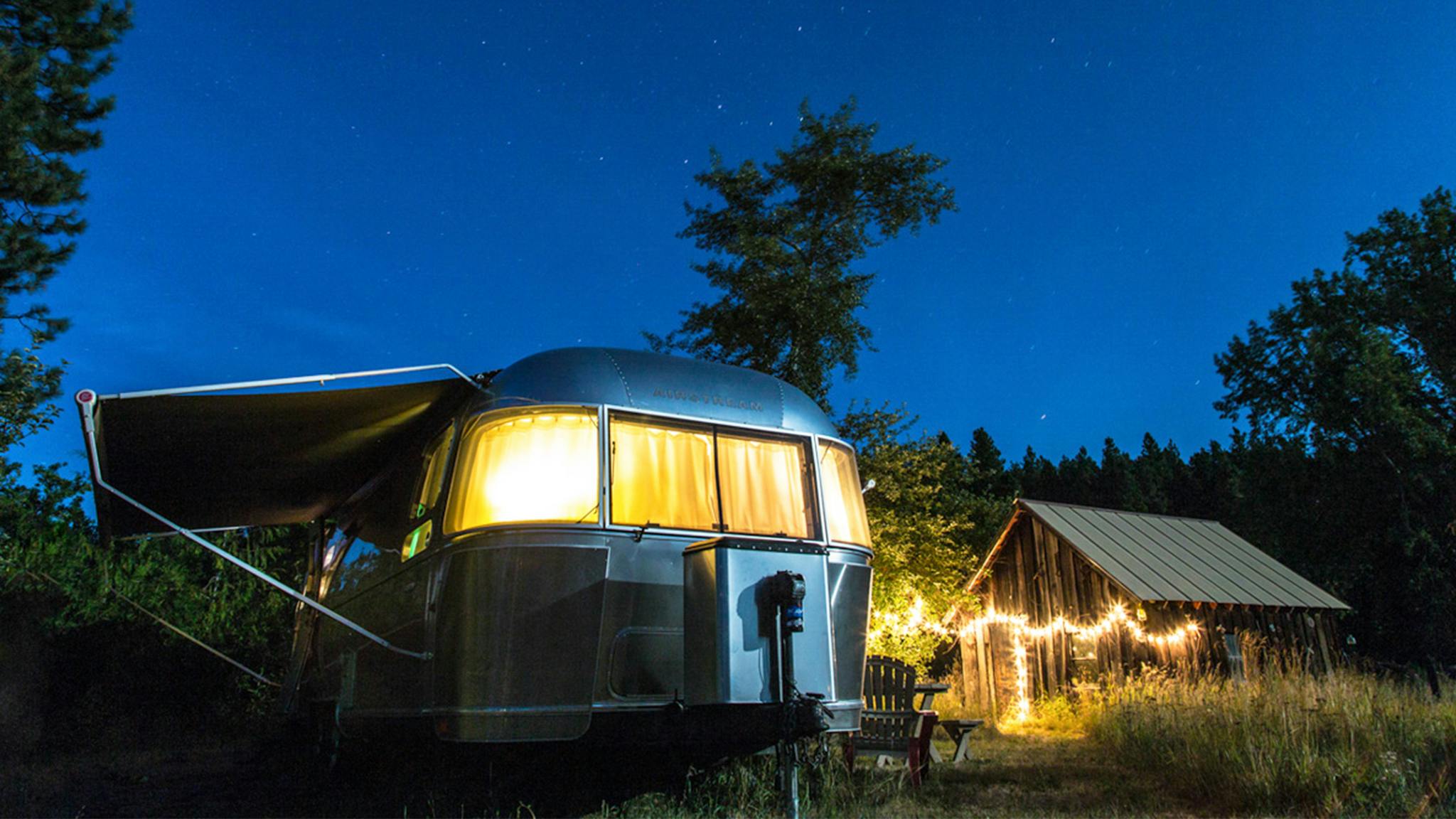 Airstream Travel Trailer with interior lights on