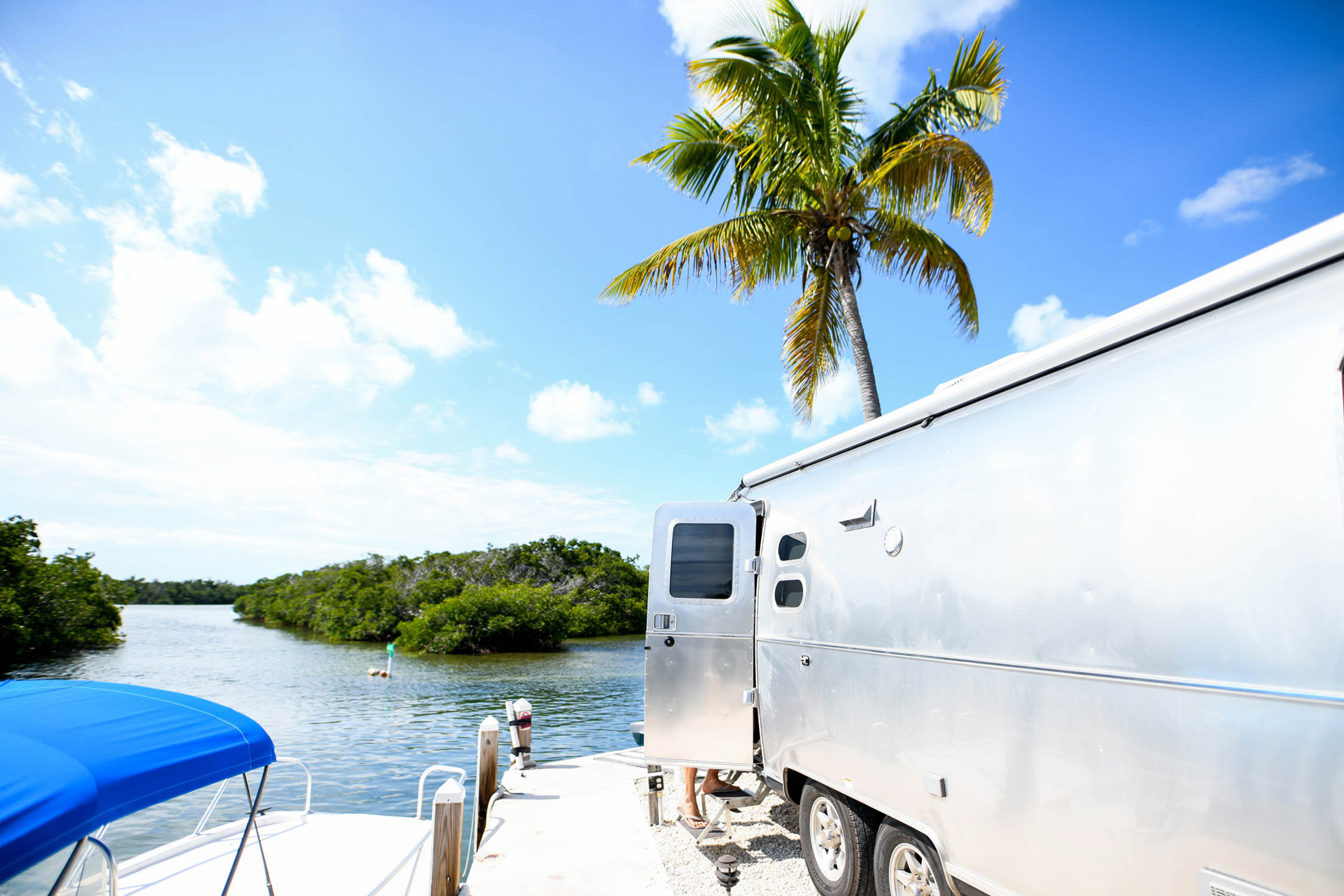 Airstream Travel Trailer with Tropica Tree and Surrounding Water