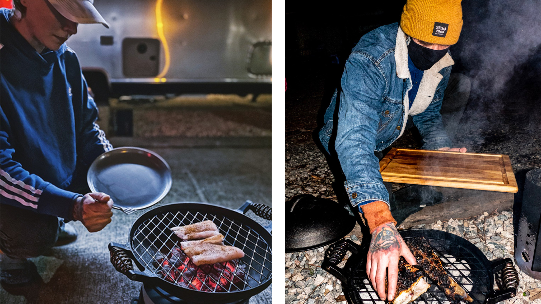 2 people cooking on grills outside an Airstream