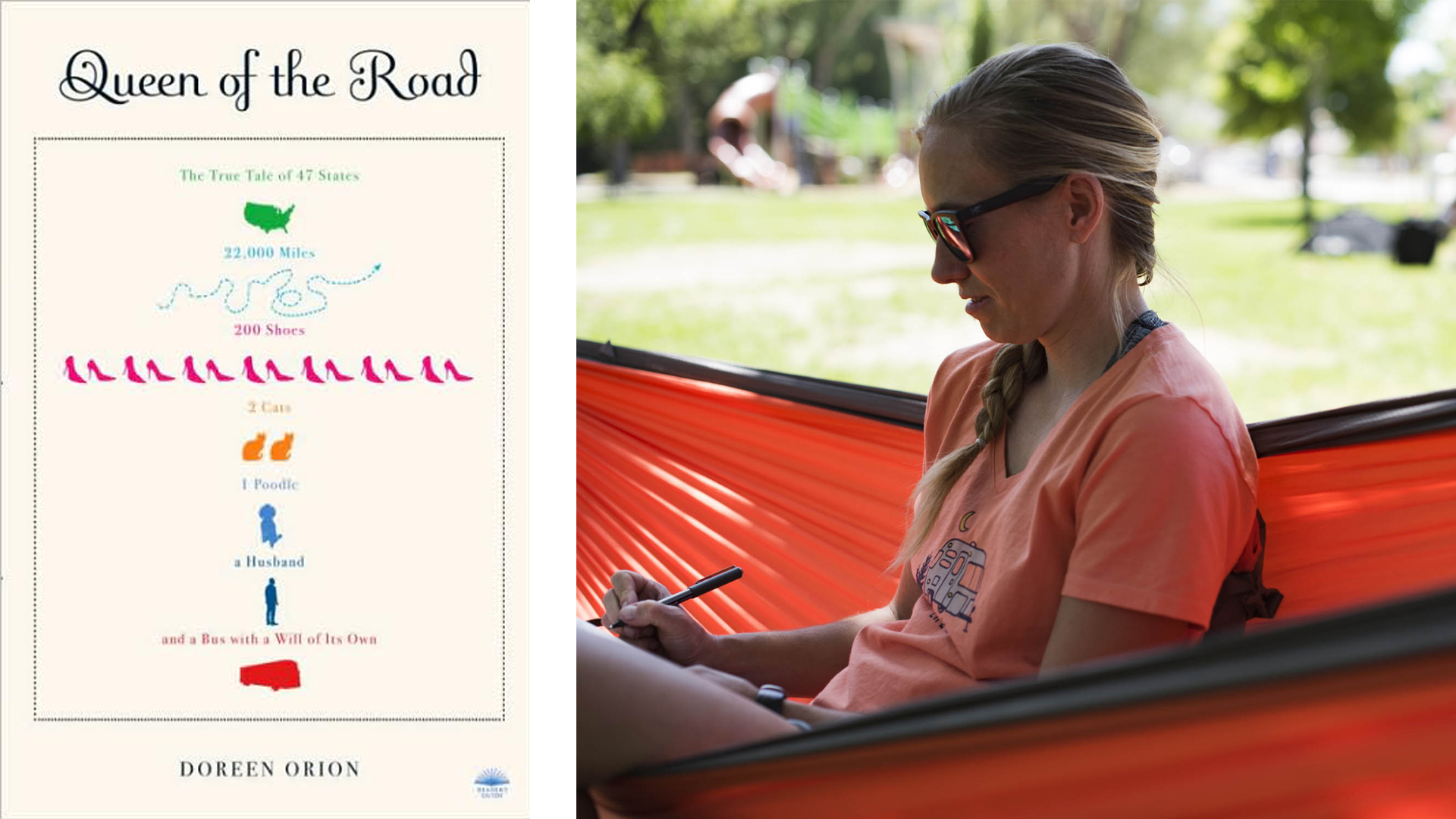 Queen of the Road book cover and a female sitting in a hammock