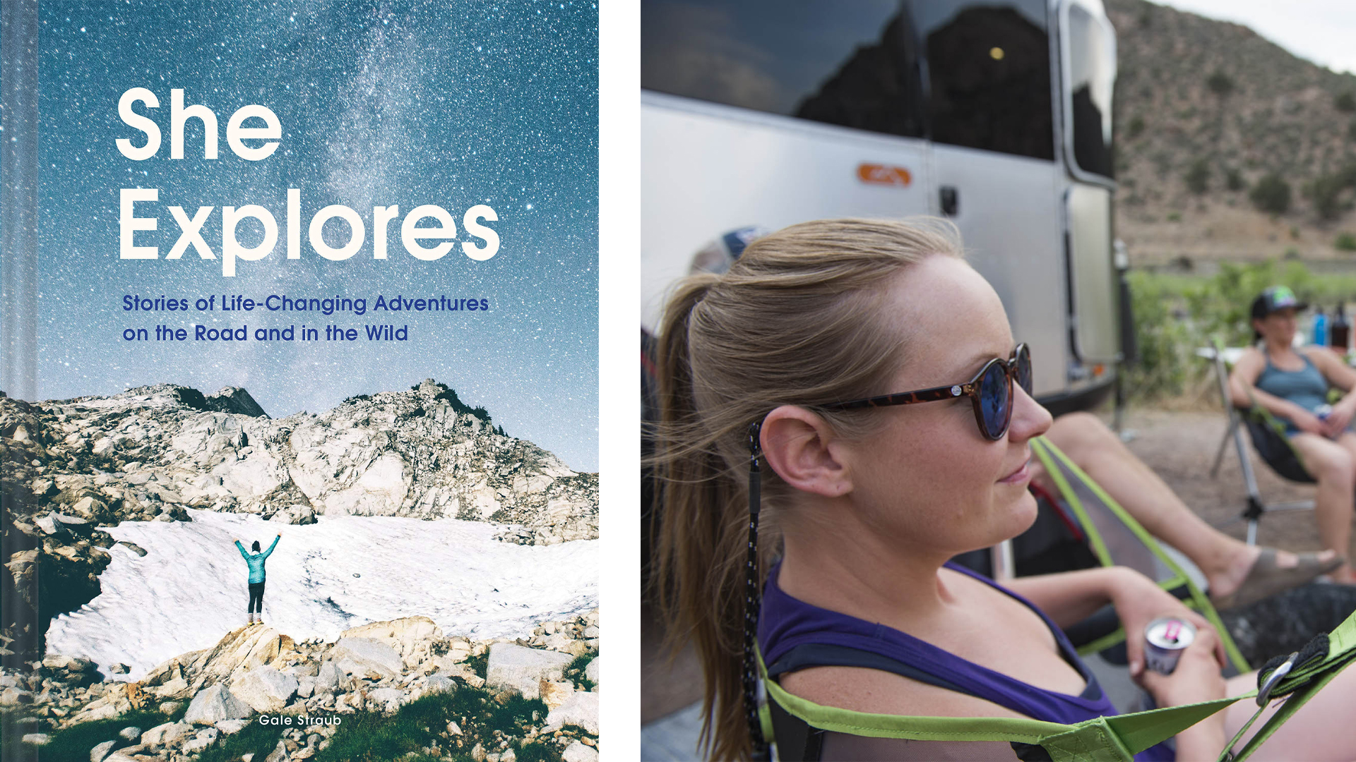 She Explores book cover and a female sitting outside next to her Basecamp Travel Trailer