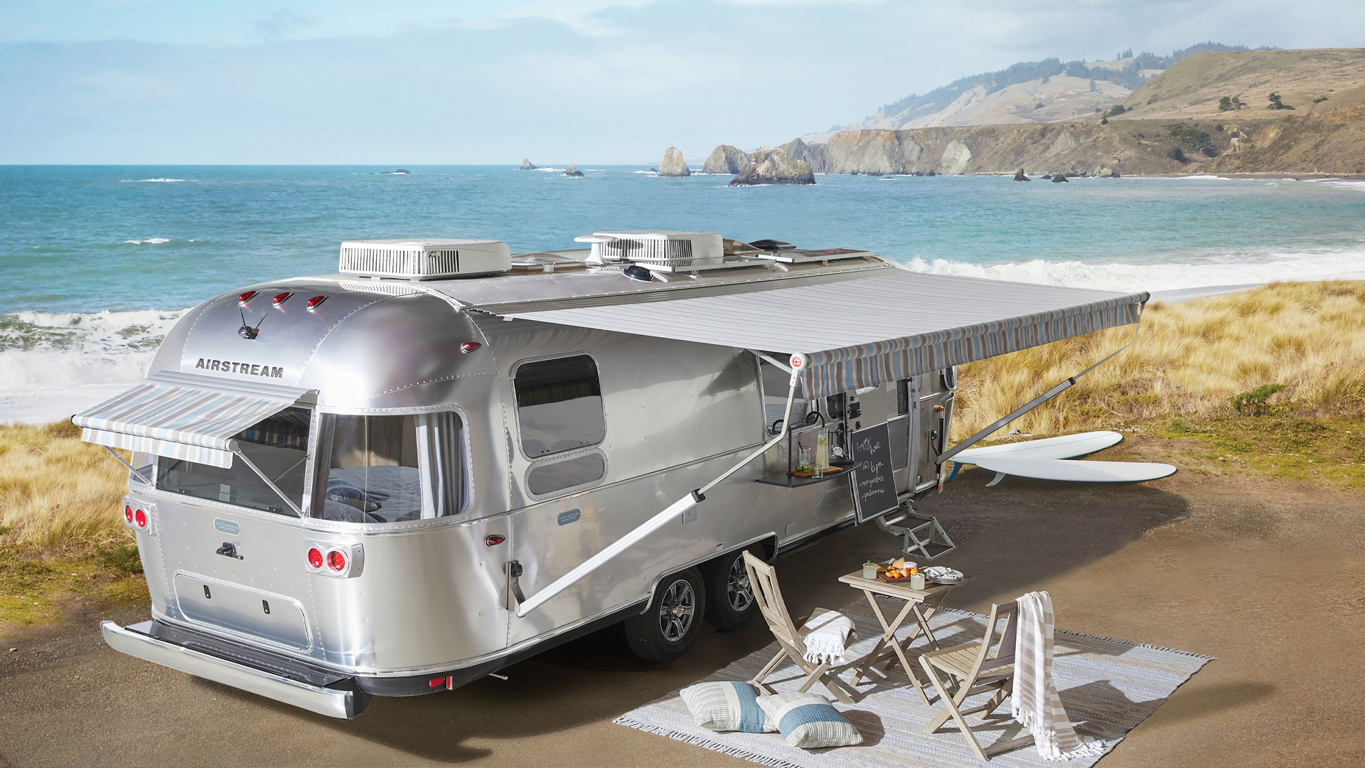 Airstream Pottery Barn Special Edition Travel Trailer in Malibu on the beach