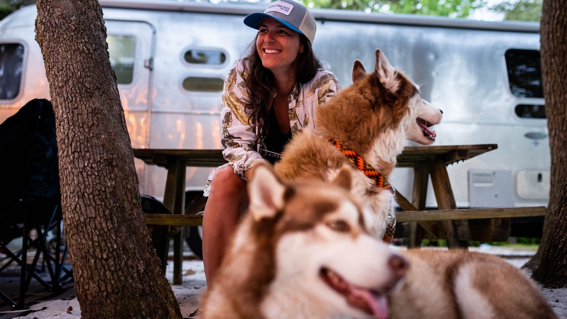 A woman and her two dogs sitting at a campground outside of her Airstream Travel Trailer