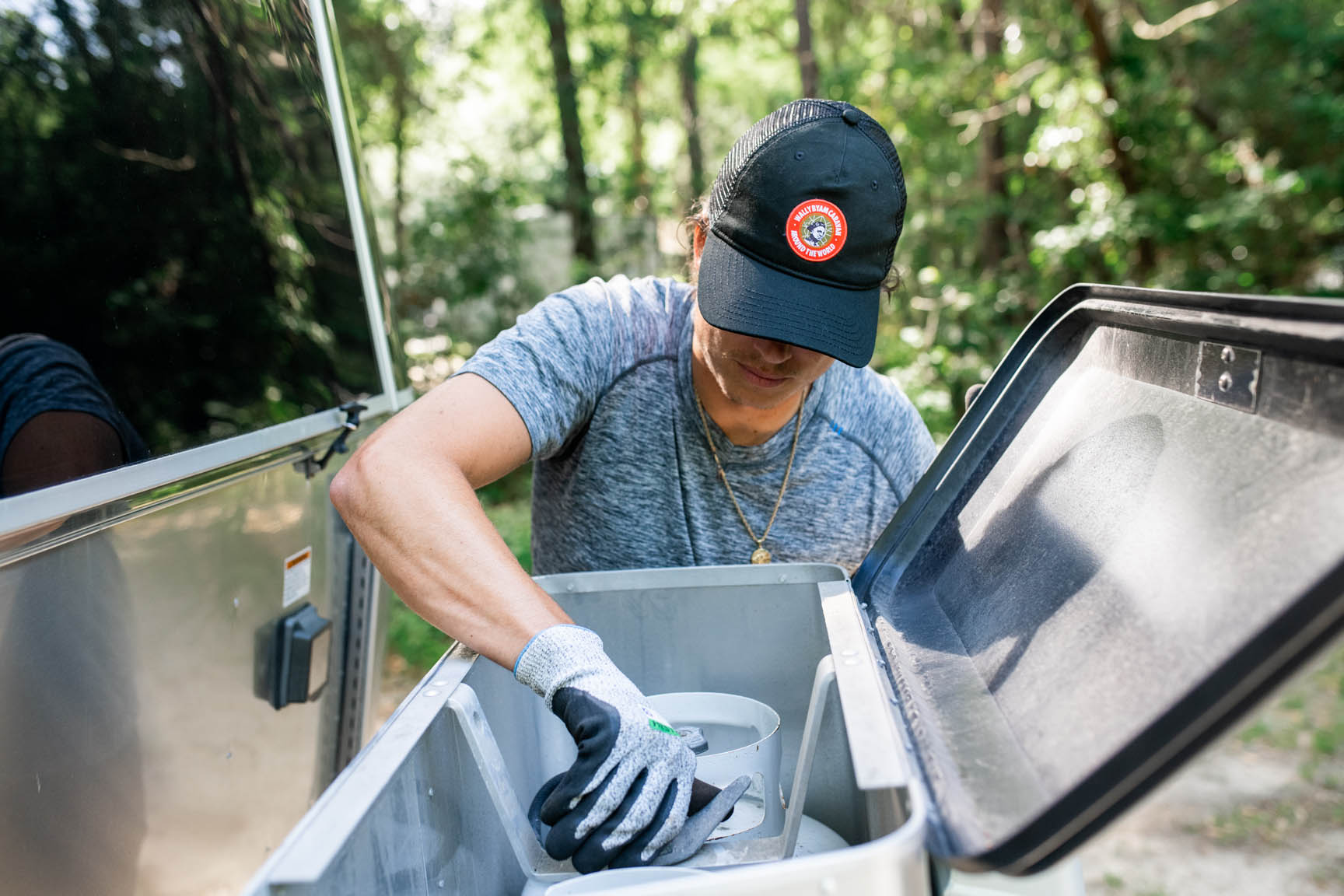 Checking propane tanks in an Airstream Travel Trailer