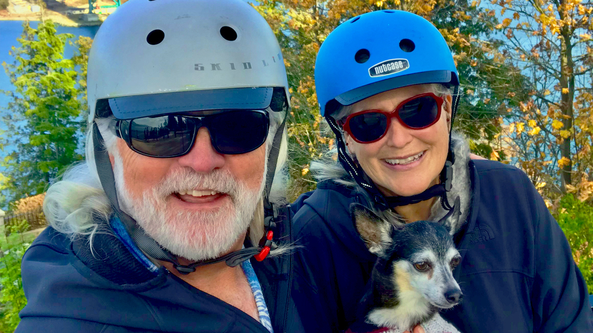 Jim and Carmen on another adventure with their dog while living full-time in their 2001 Airstream travel trailer.