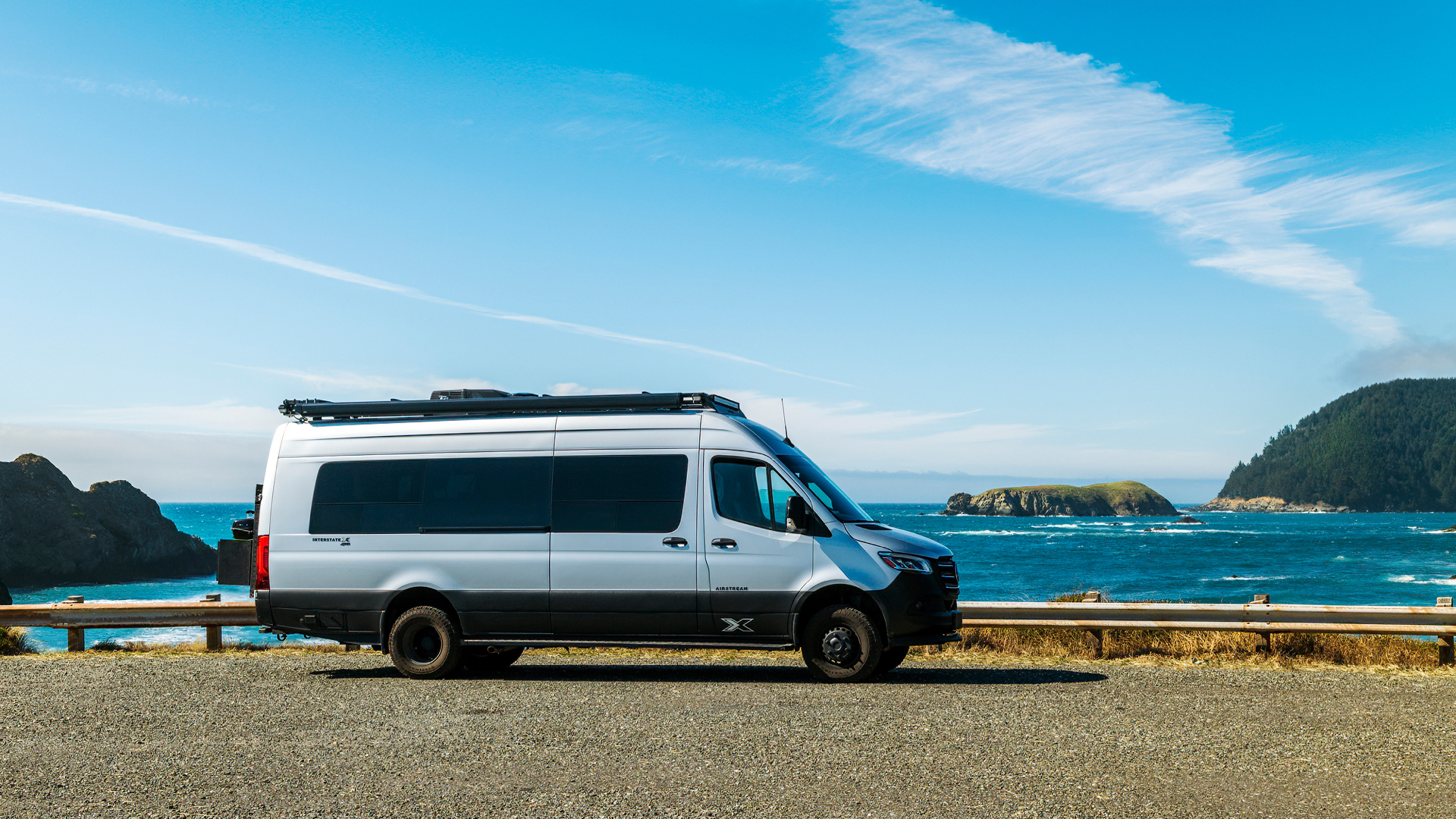 Airstream Interstate 24X parked on the side of the road in the Pacific Northeast by the ocean