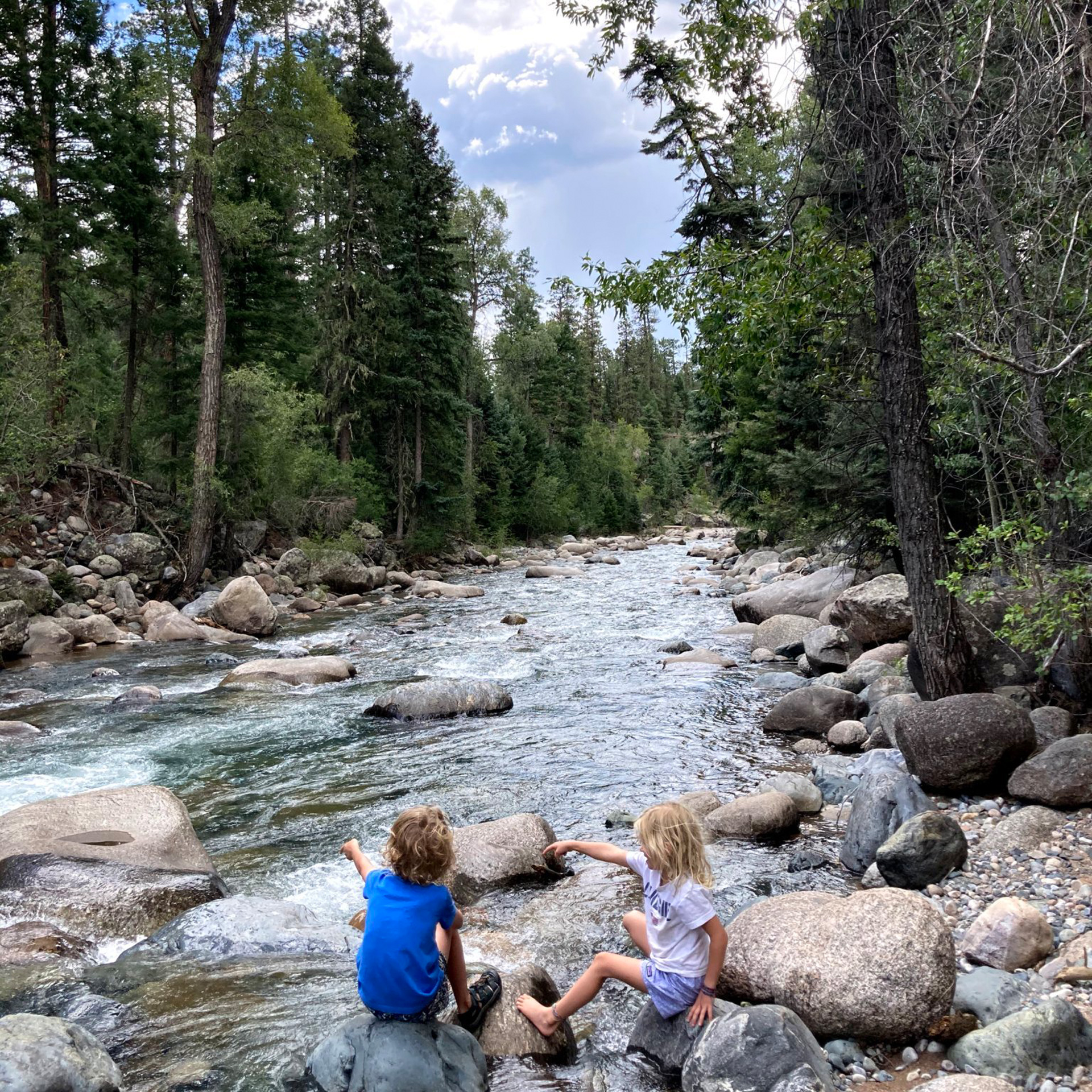 Two kids sitting on rocks in the middle of a river that is surrounded by trees and a blue sky.