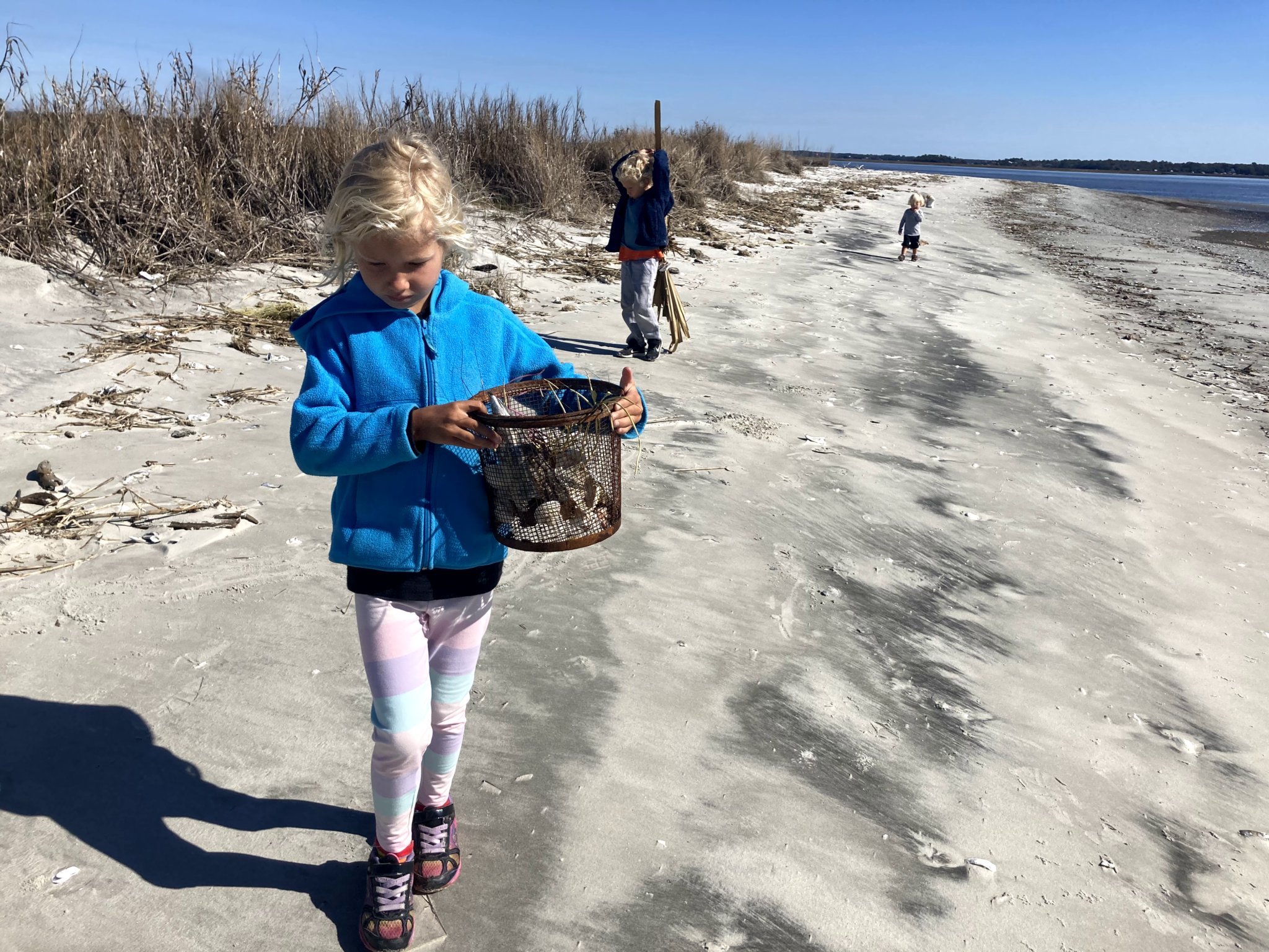A young girl in a blue jacket carrying a bucket of things she found as she walks along a beach.