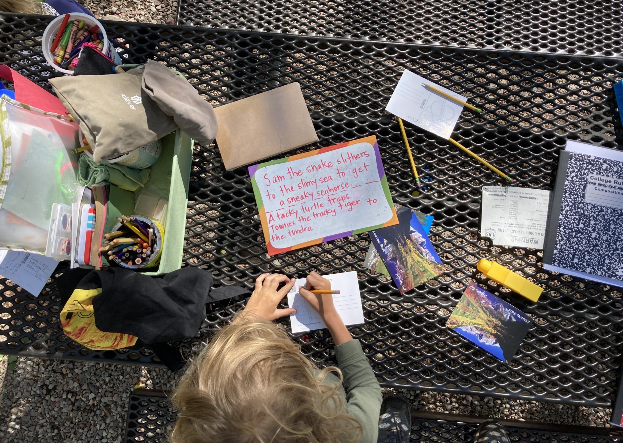 A young kid sitting at a picnic table writing about nature