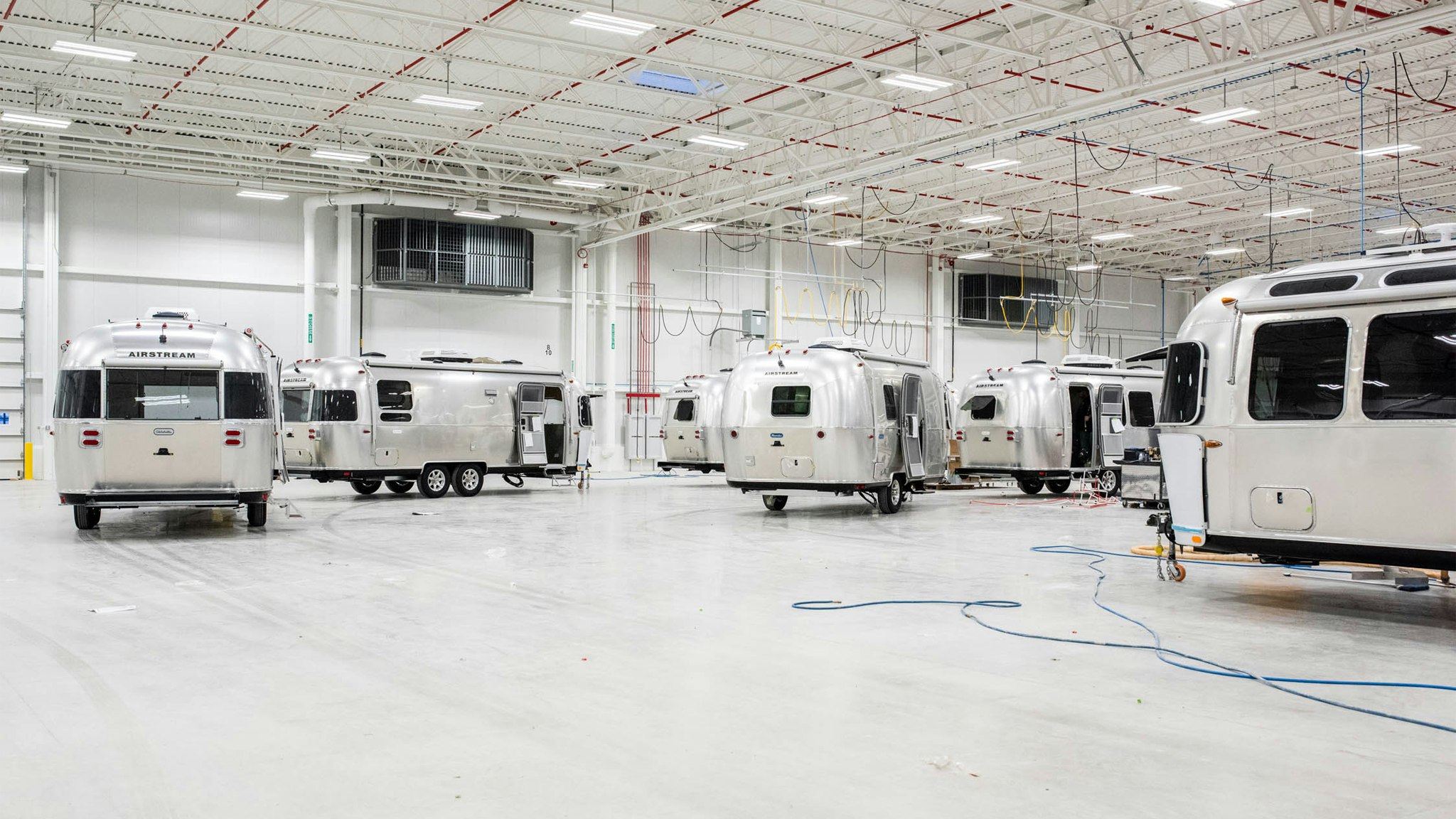 Airstream Travel Trailers being built down the line at the Airstream Production Facility in Jackson Center, Ohio.