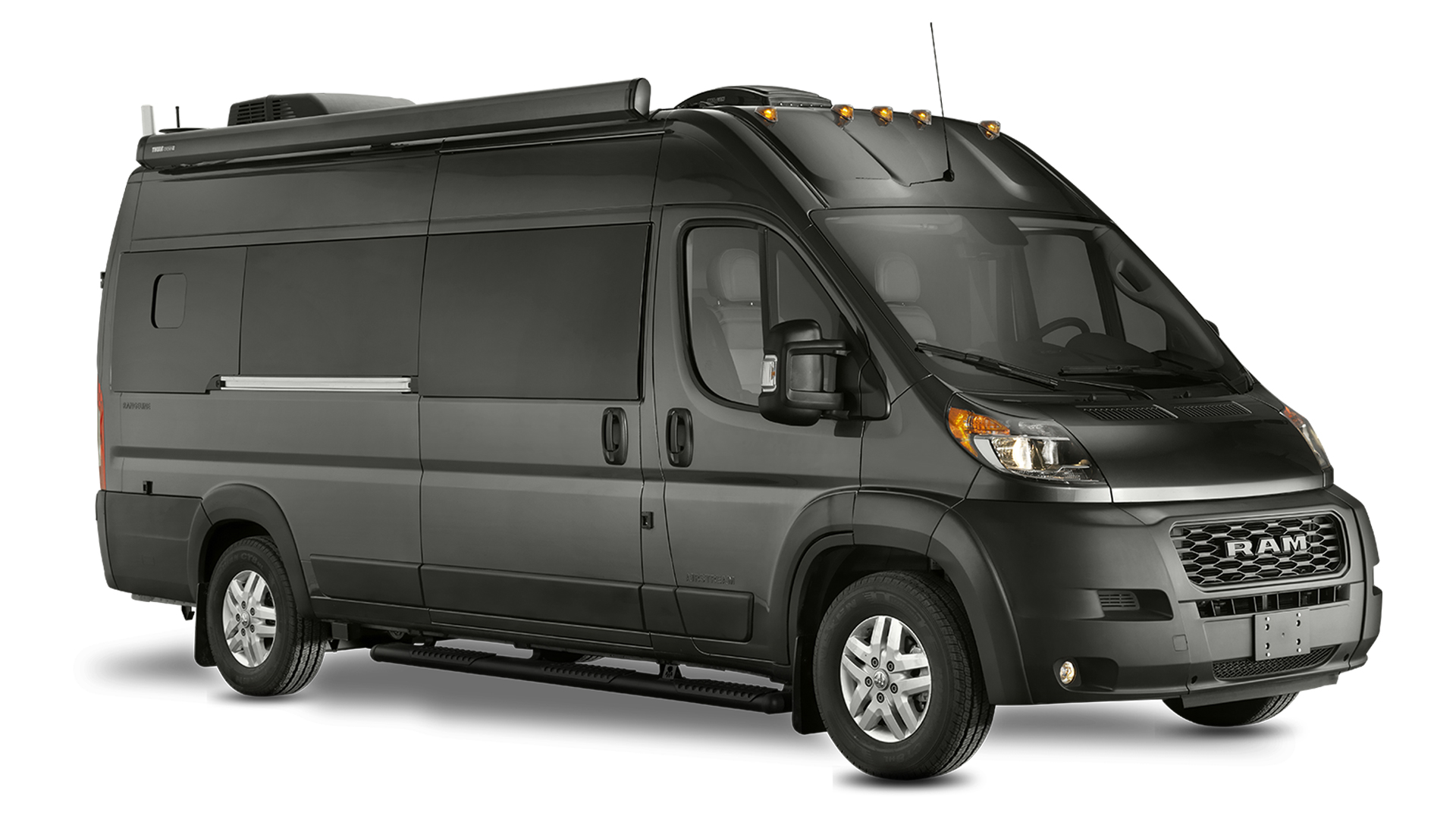 An exterior shot of the Airstream Rangeline touring coach that is black