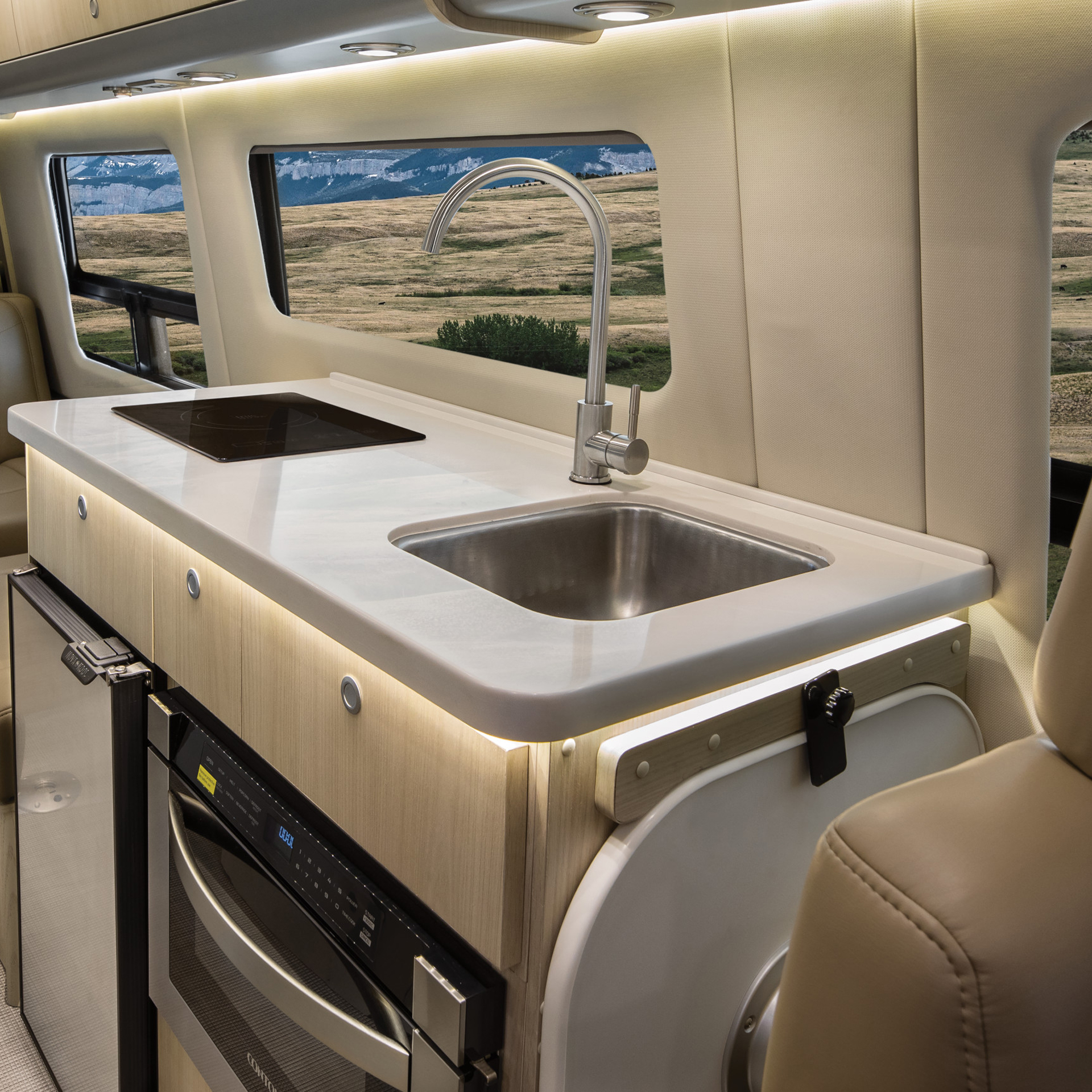 Airstream Interstate 24 Class B's galley with the new classic canyon decor.