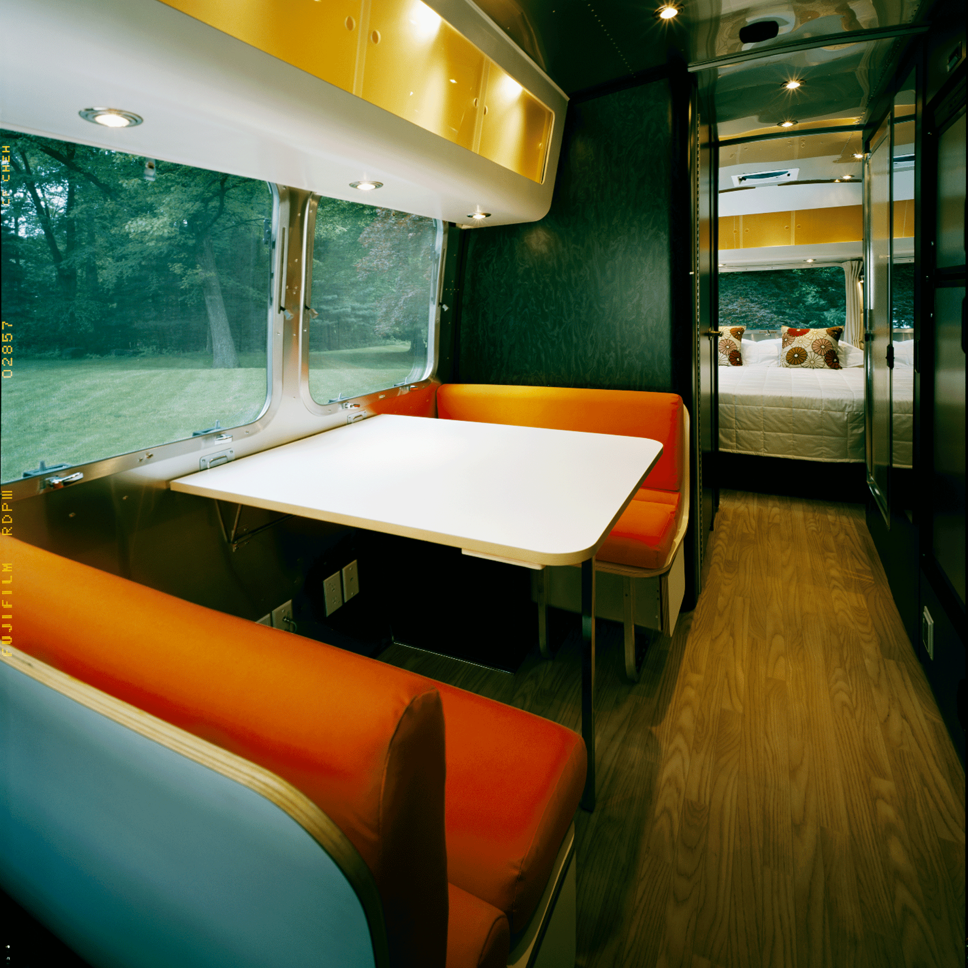 The inside decor of an Airstream International travel trailer from 2010.