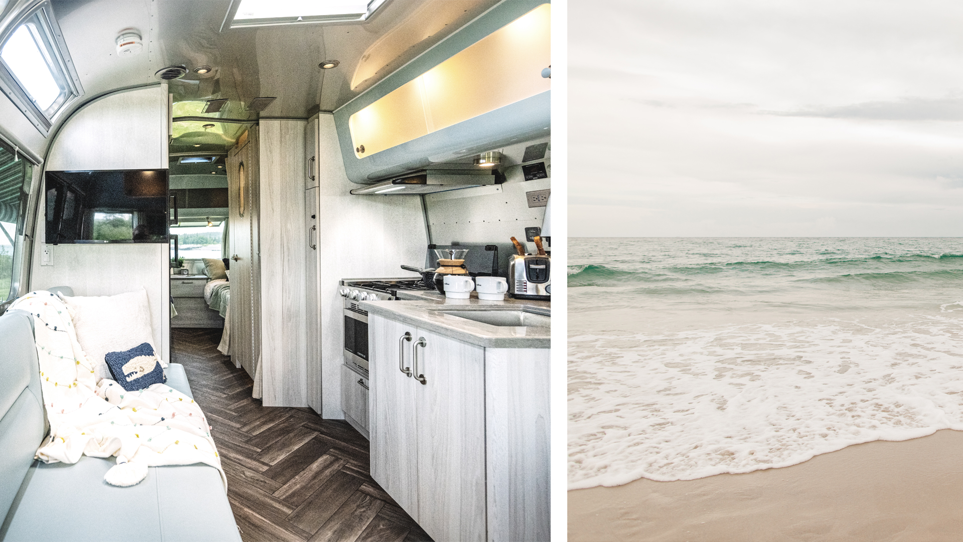 A collage of two images comparing the Airstream International travel trailer to the ocean on a coast.