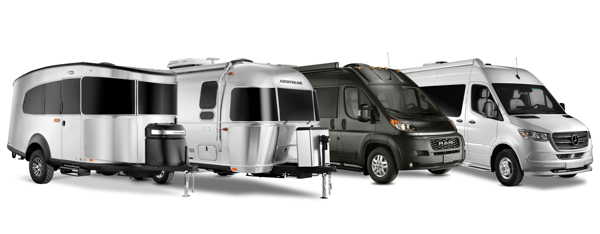 Four Airstream travel trailers and class b motorhomes in a line on a white background.