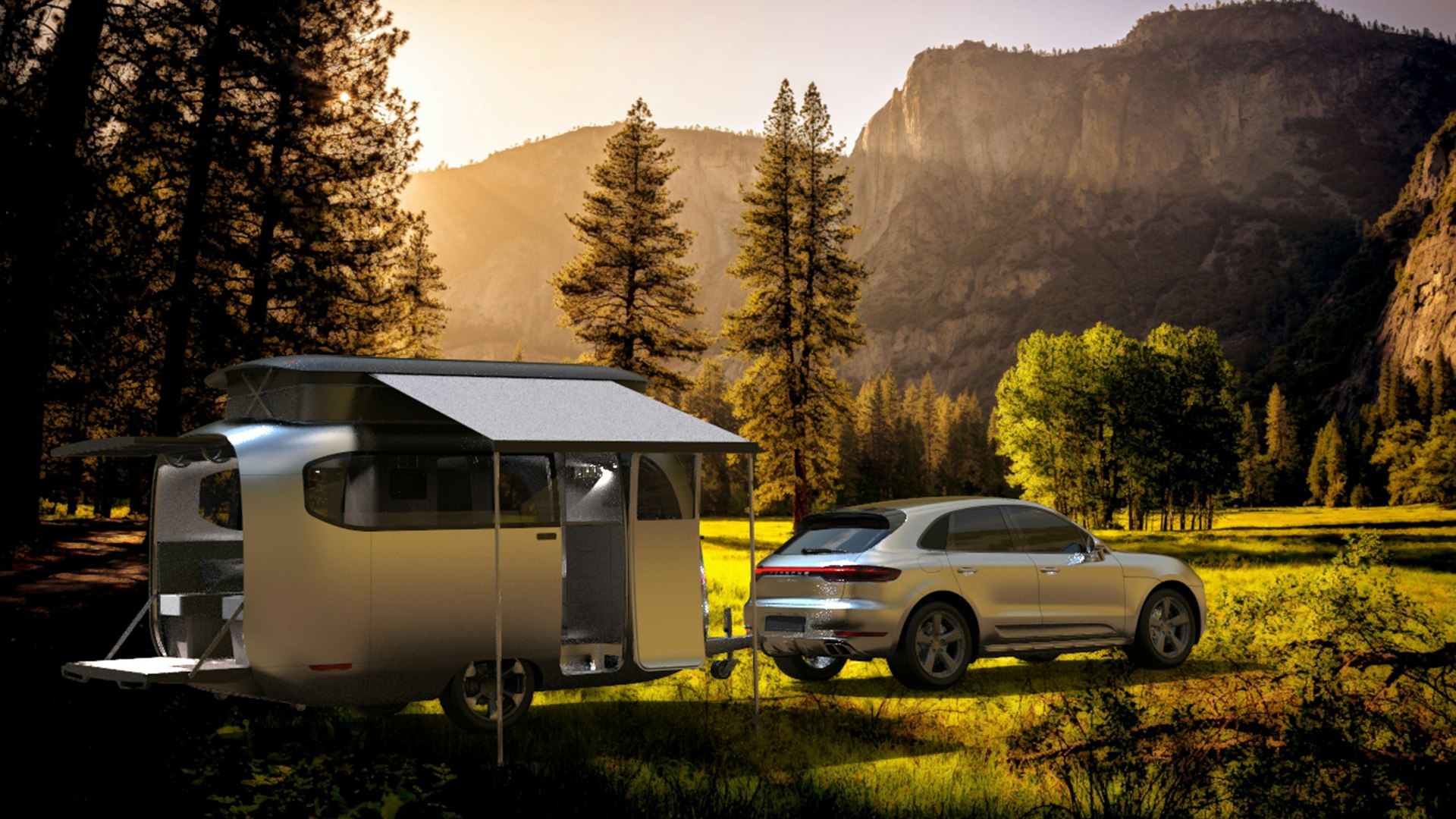 A Porsche vehicle and a concept Airstream trailer parked in a woods.