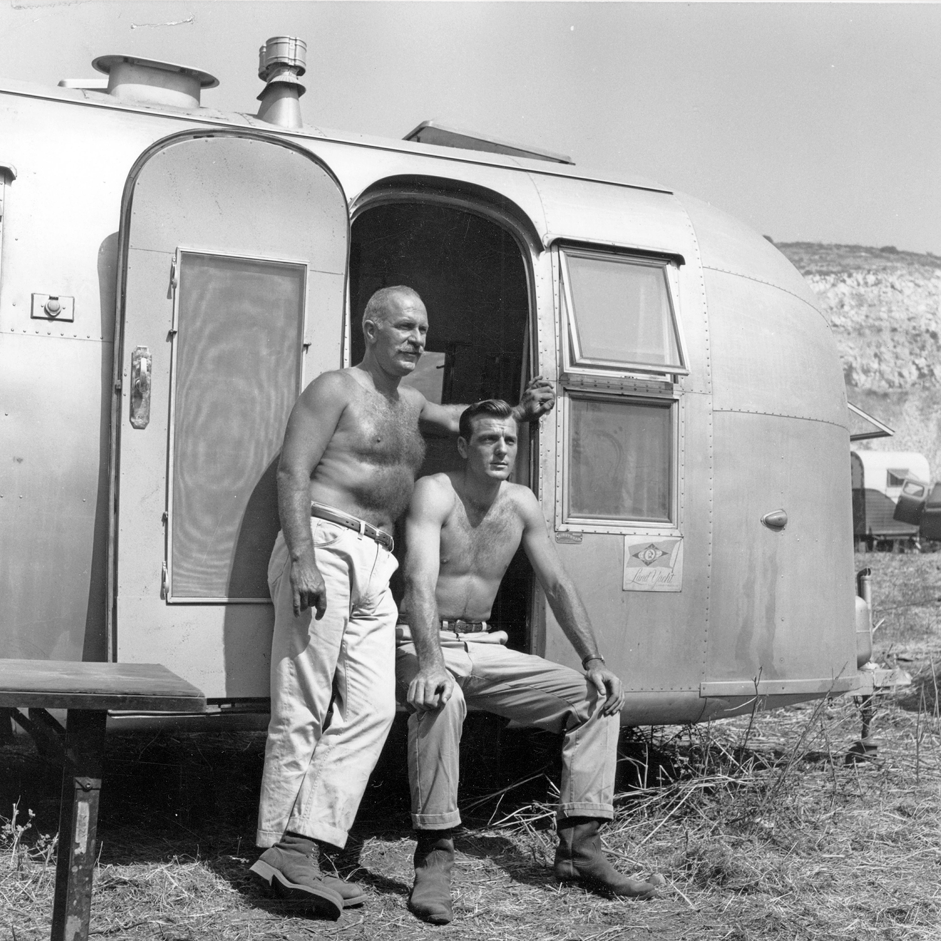 A vintage photo from an Airstream on set of the television show The Troubleshooters.