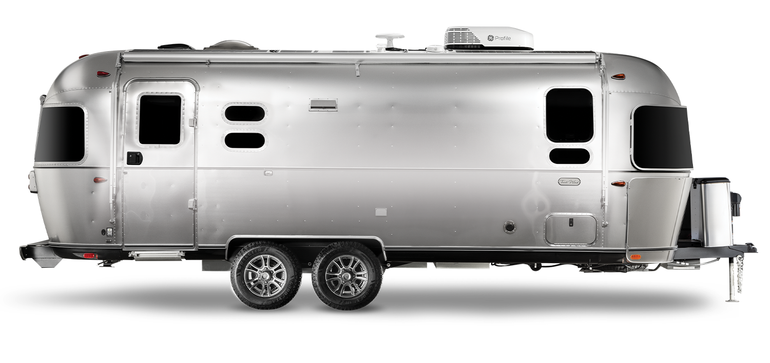 The curbside view of the exterior of the Airstream Trade Wind travel trailer.
